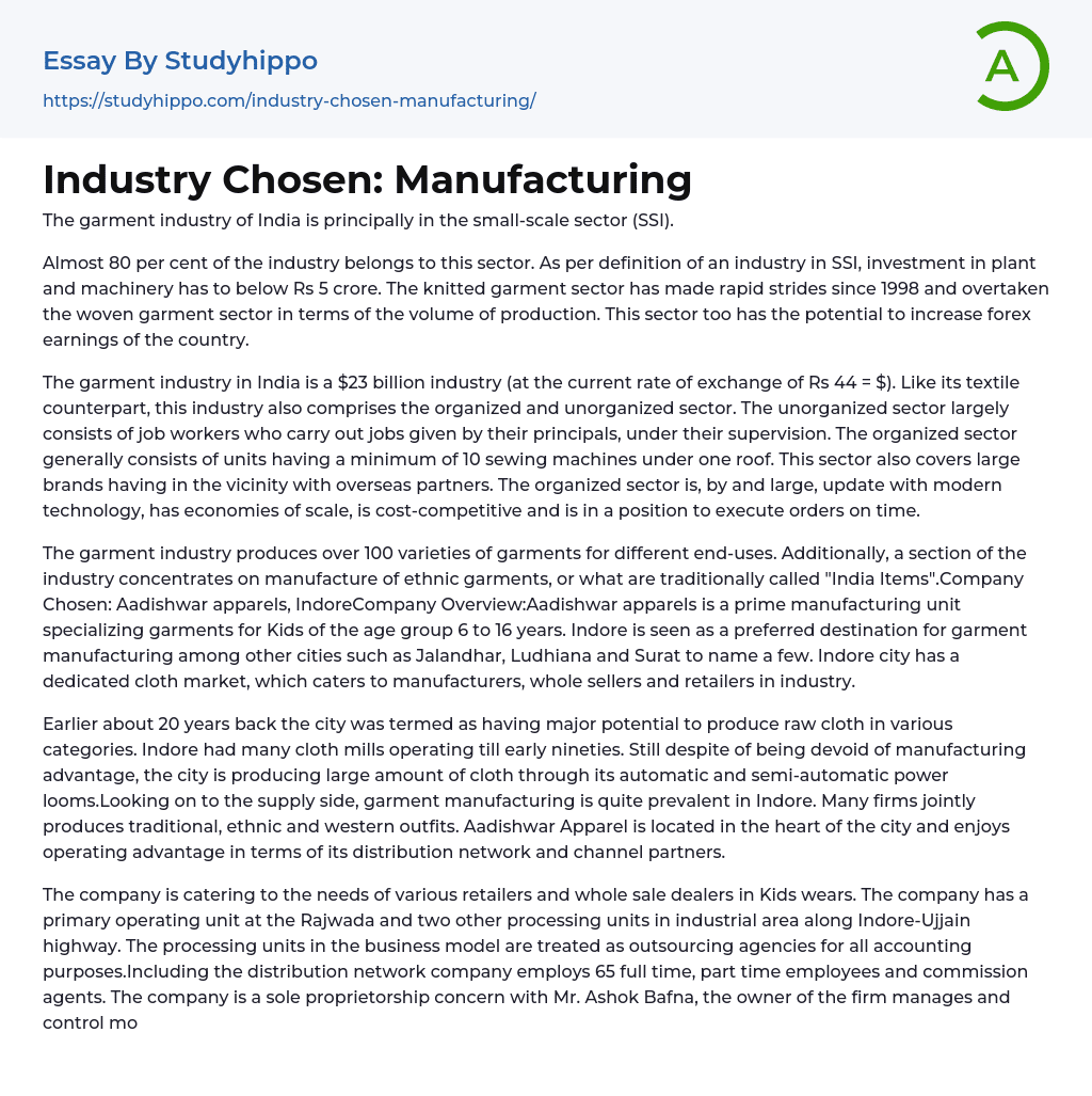Industry Chosen: Manufacturing Essay Example