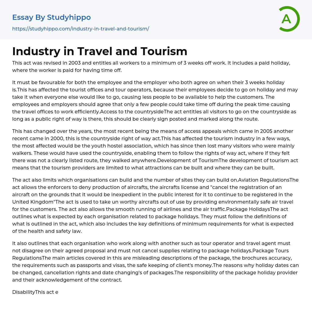 Industry in Travel and Tourism Essay Example