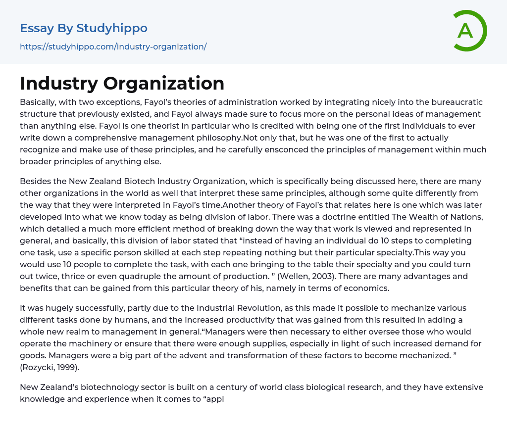 Industry Organization Essay Example