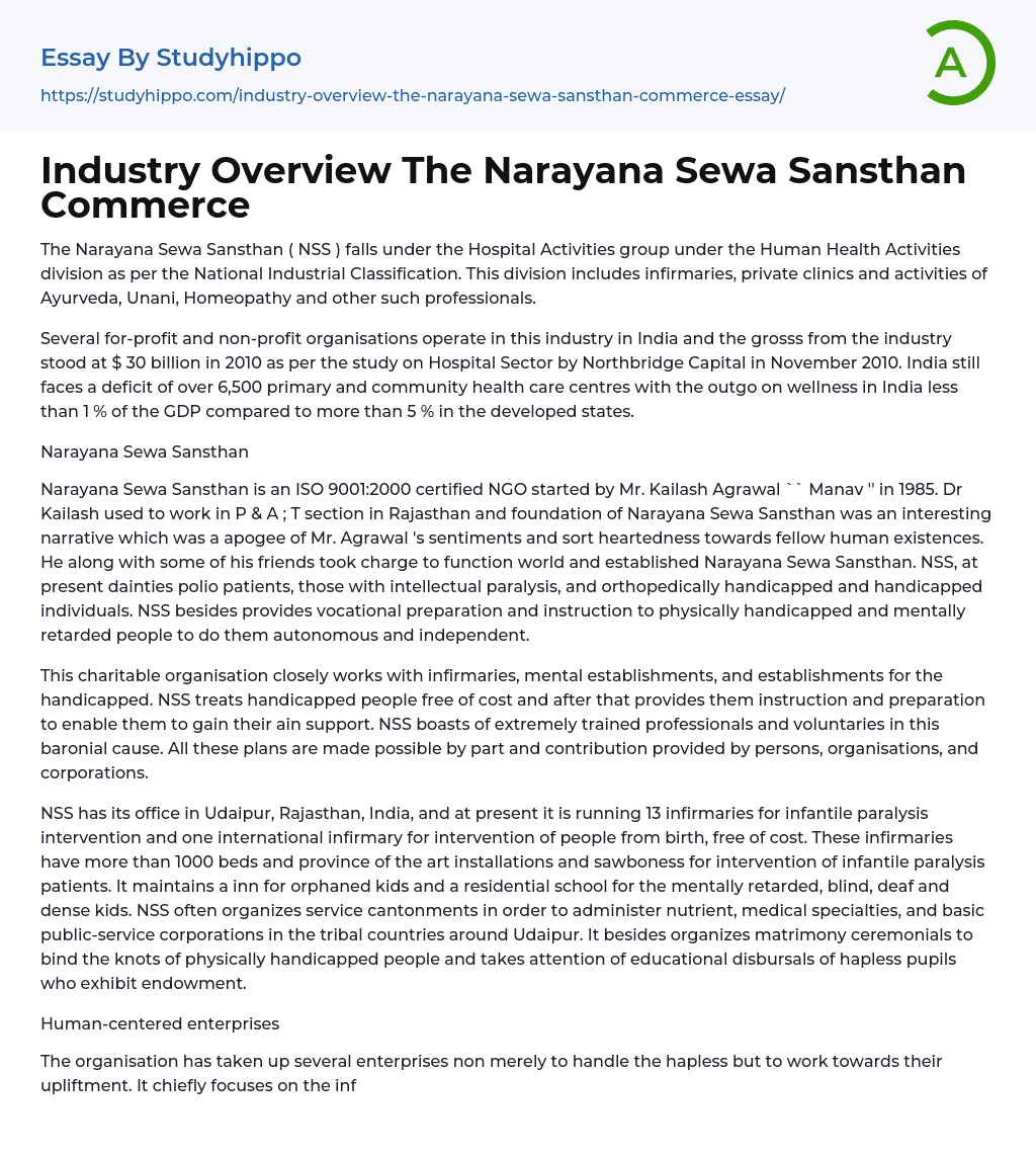 Industry Overview The Narayana Sewa Sansthan Commerce Essay Example