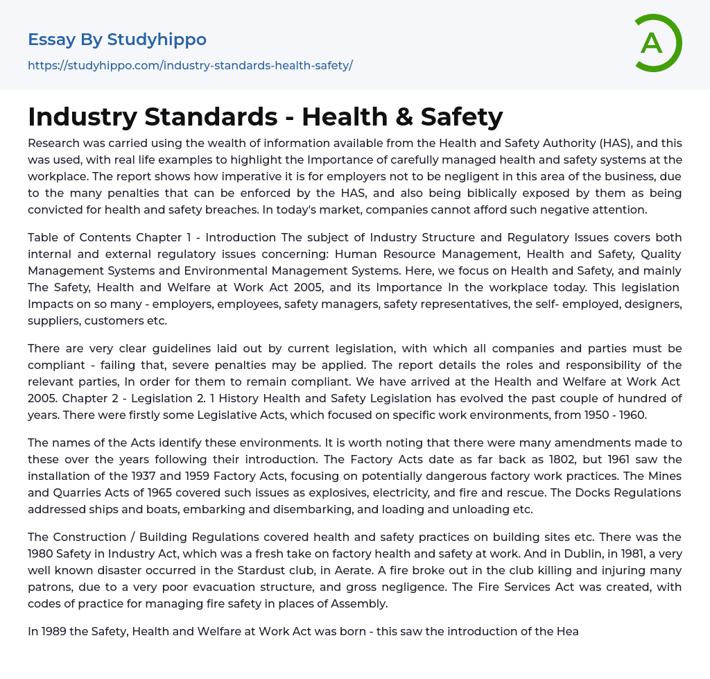 Industry Standards – Health & Safety Essay Example