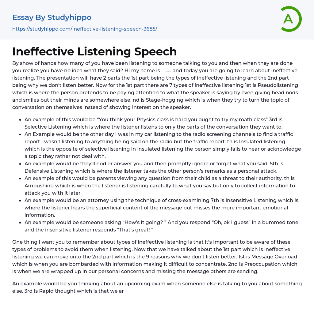 Ineffective Listening Speech Essay Example