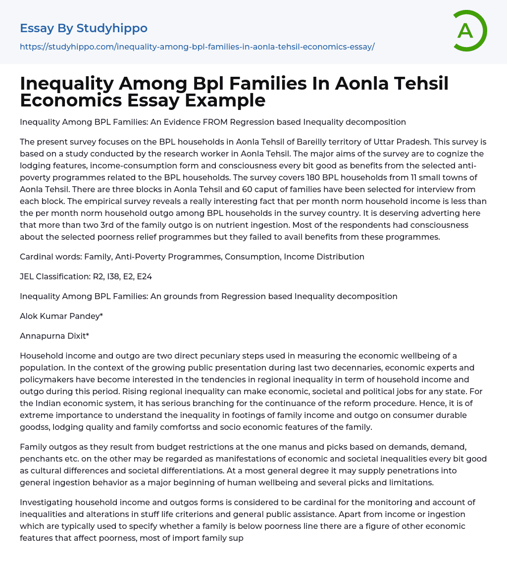 Inequality Among Bpl Families In Aonla Tehsil Economics Essay Example