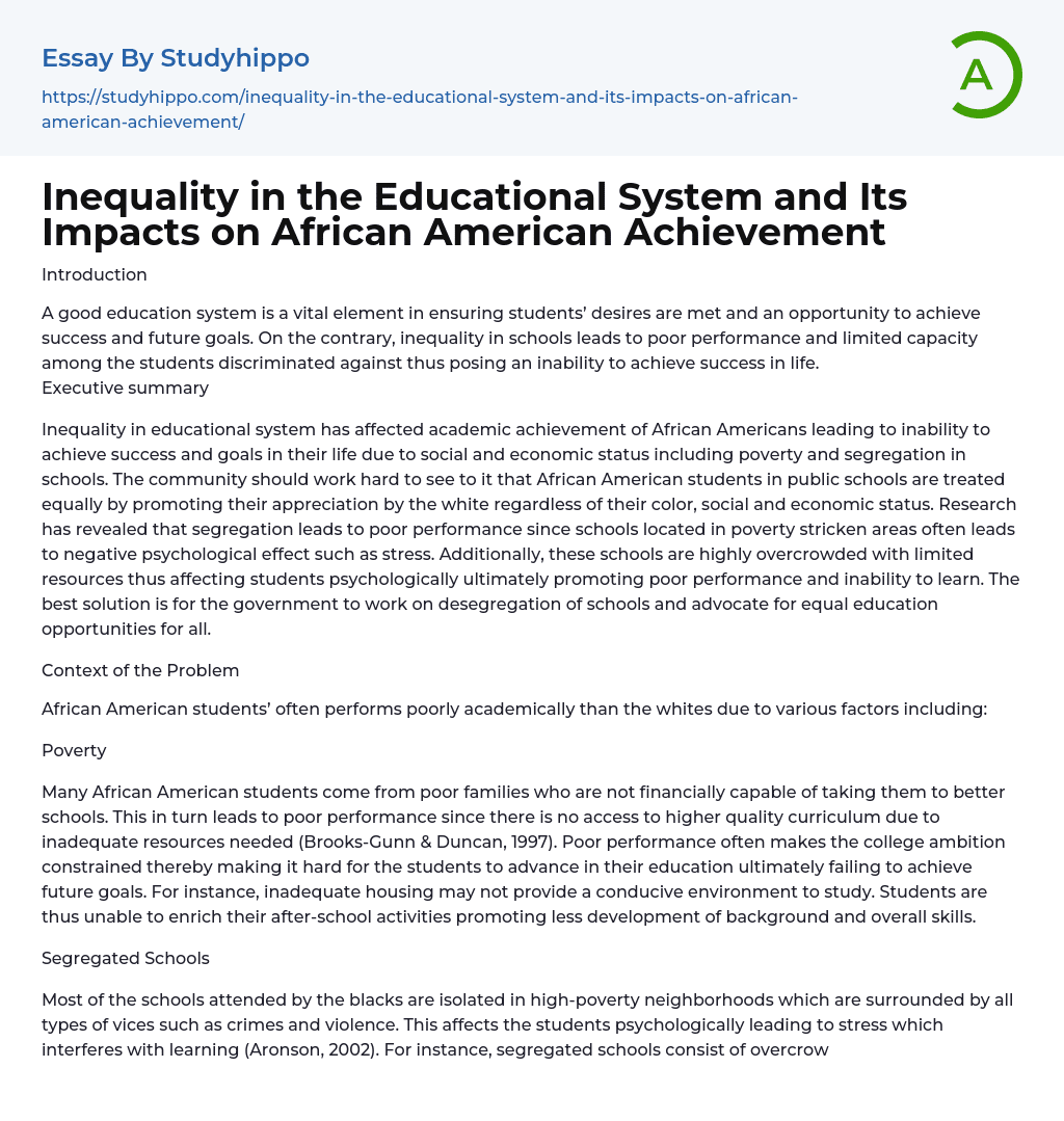 Inequality in the Educational System and Its Impacts on African American Achievement Essay Example