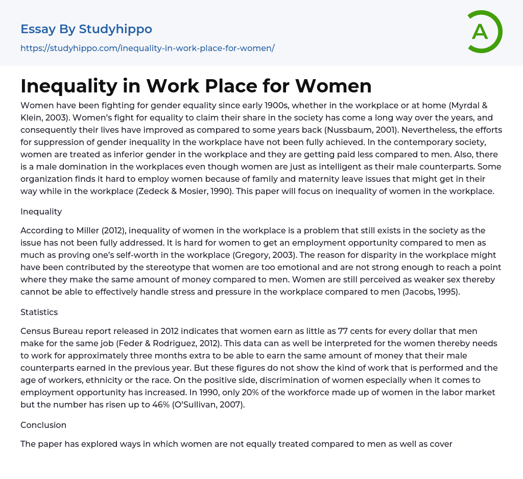 Inequality in Work Place for Women Essay Example