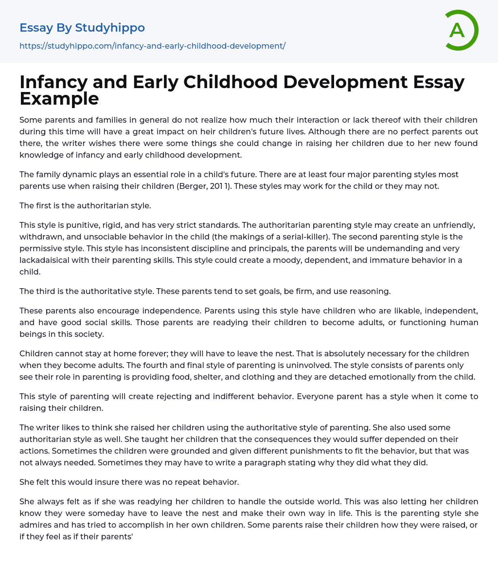 Infancy and Early Childhood Development Essay Example
