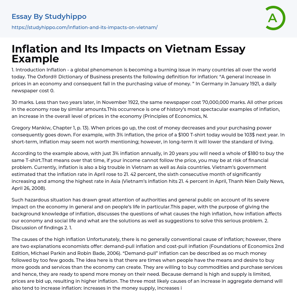 Inflation and Its Impacts on Vietnam Essay Example