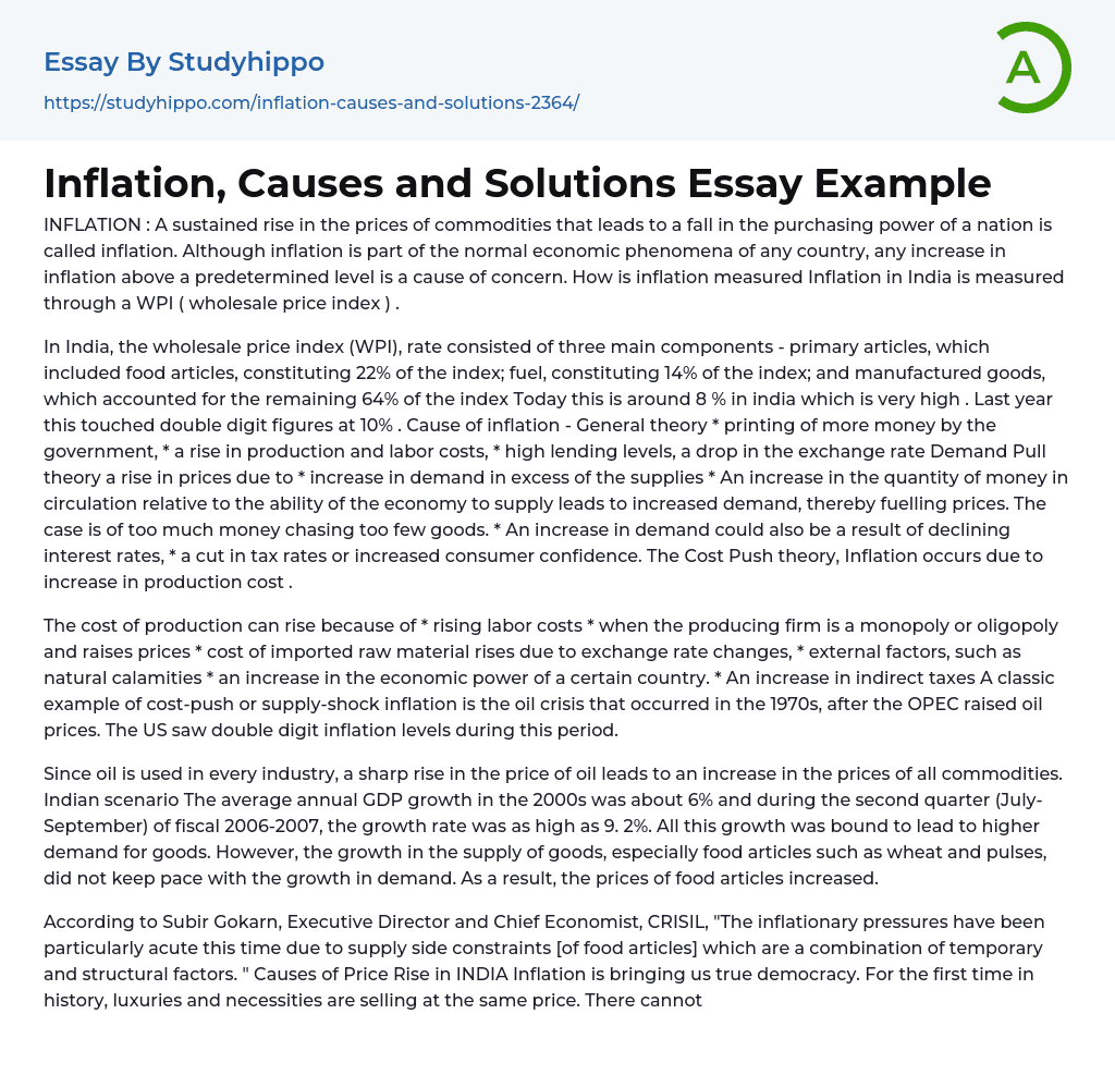 Inflation, Causes and Solutions Essay Example
