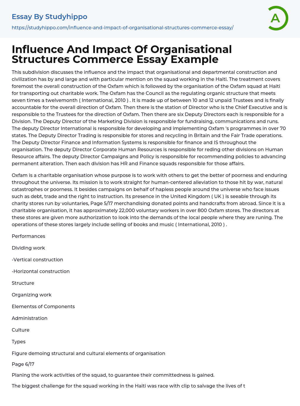 Influence And Impact Of Organisational Structures Commerce Essay Example