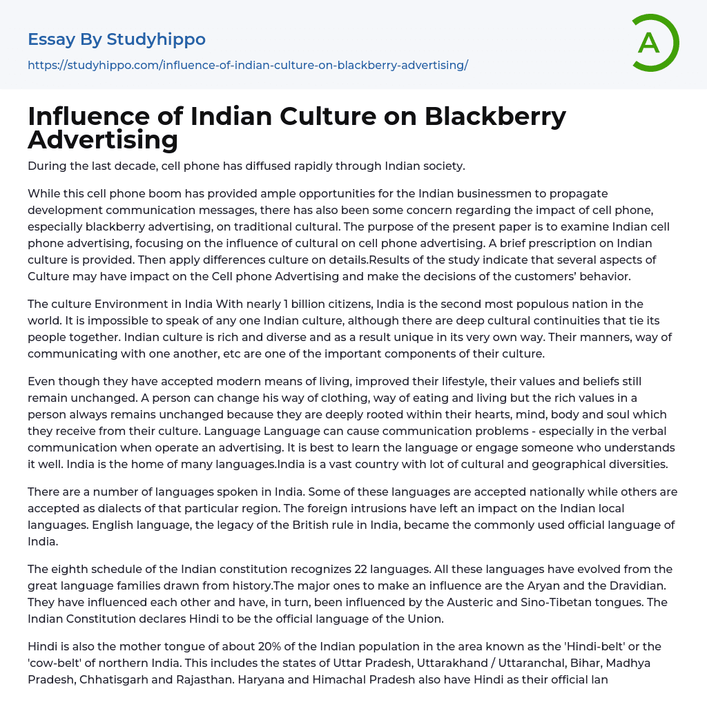 Influence of Indian Culture on Blackberry Advertising Essay Example
