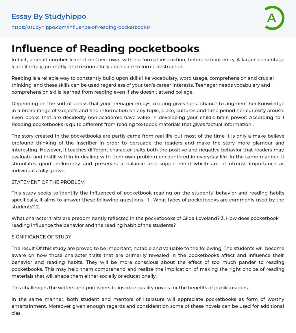 Influence of Reading pocketbooks Essay Example