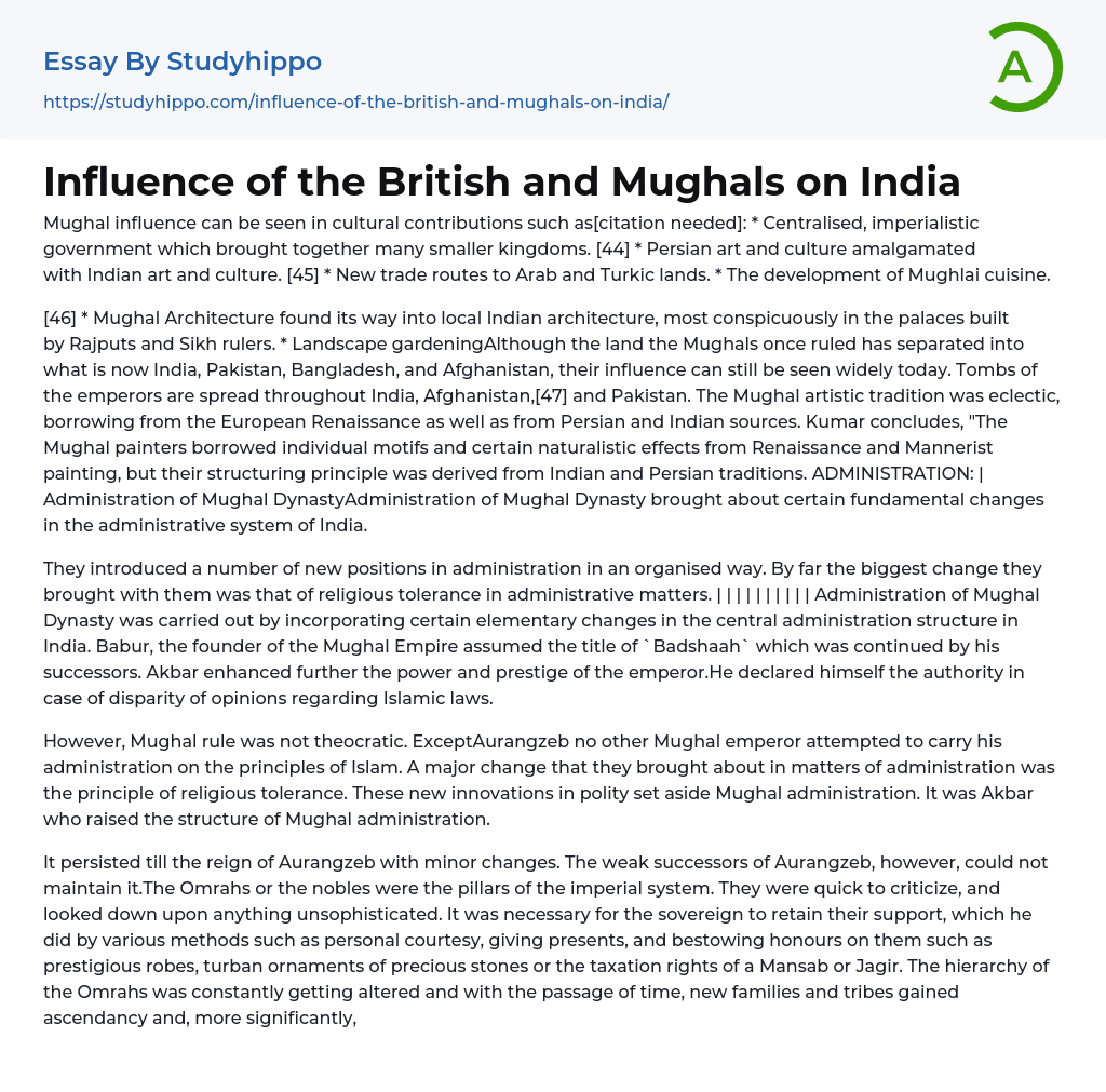 Influence of the British and Mughals on India Essay Example