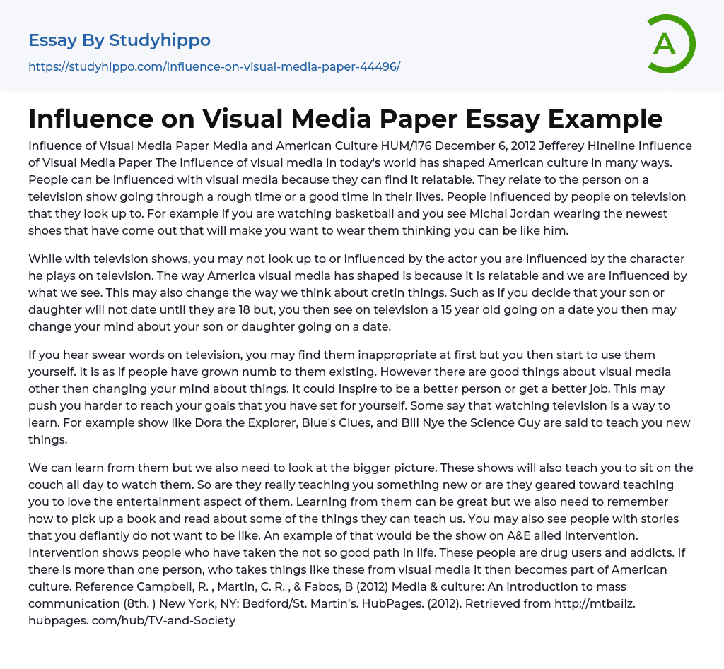 Influence on Visual Media Paper Essay Example