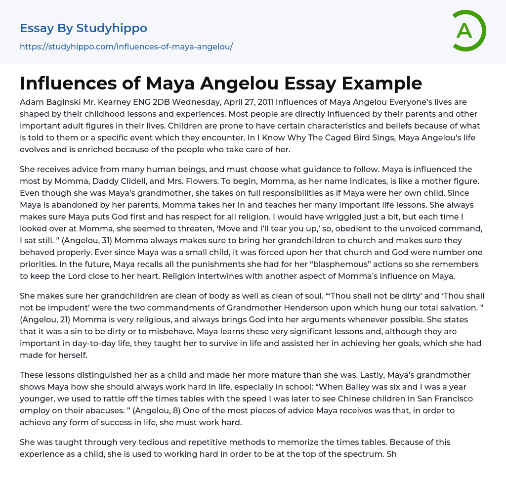 Influences of Maya Angelou Is an American Feminist Writer and Poet Essay Example