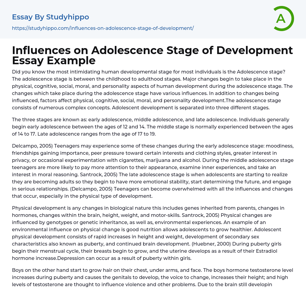 Influences on Adolescence Stage of Development Essay Example