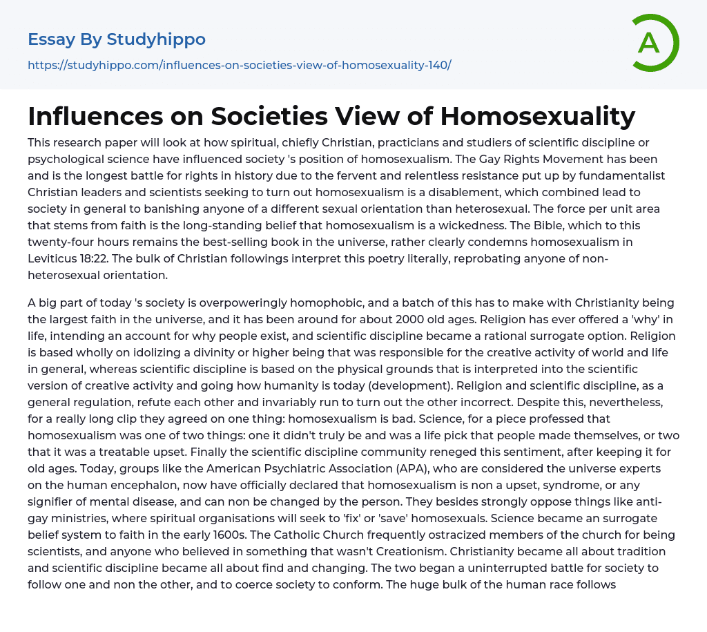 Influences on Societies View of Homosexuality Essay Example