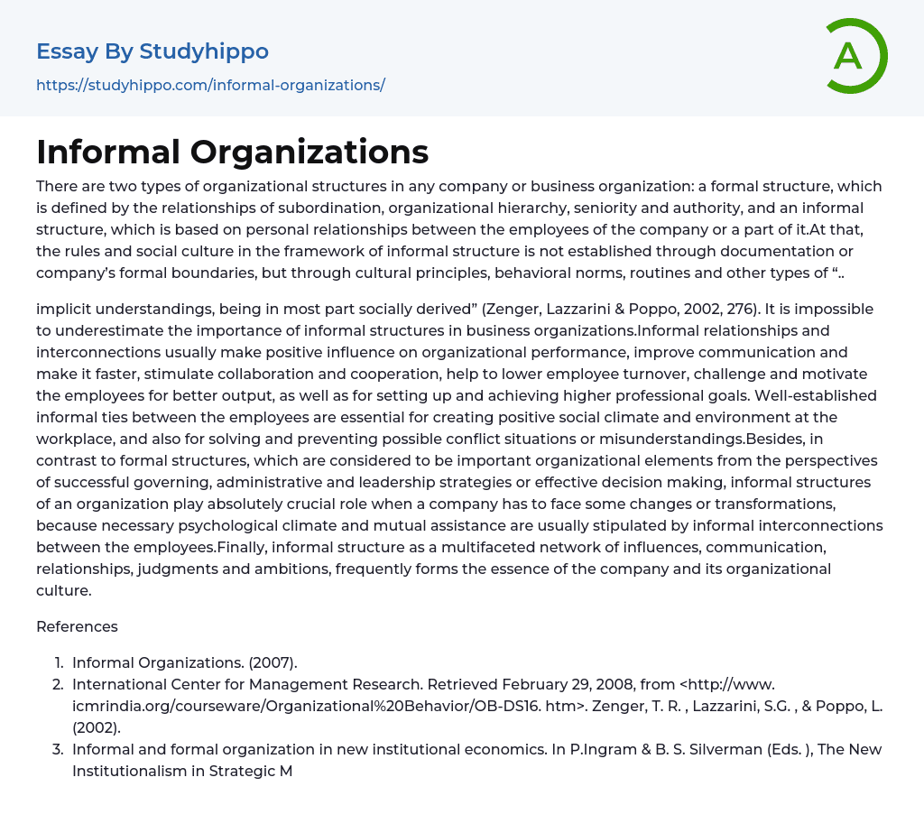Informal Organizations Essay Example
