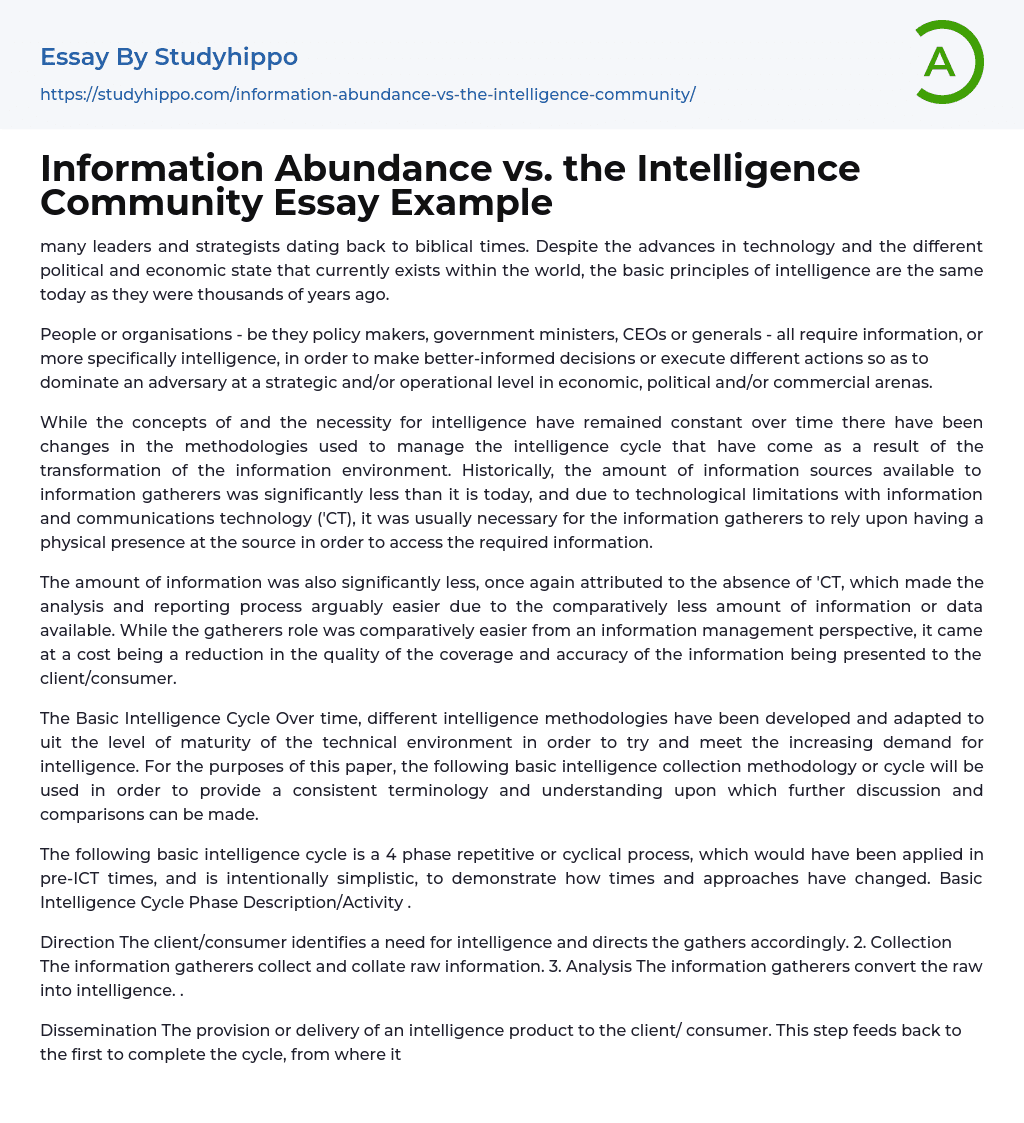 Information Abundance vs. the Intelligence Community Essay Example