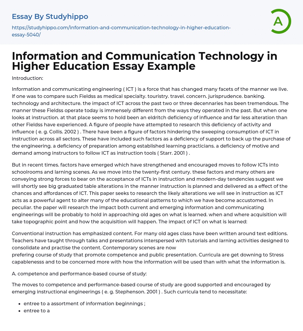 Information and Communication Technology in Higher Education Essay Example