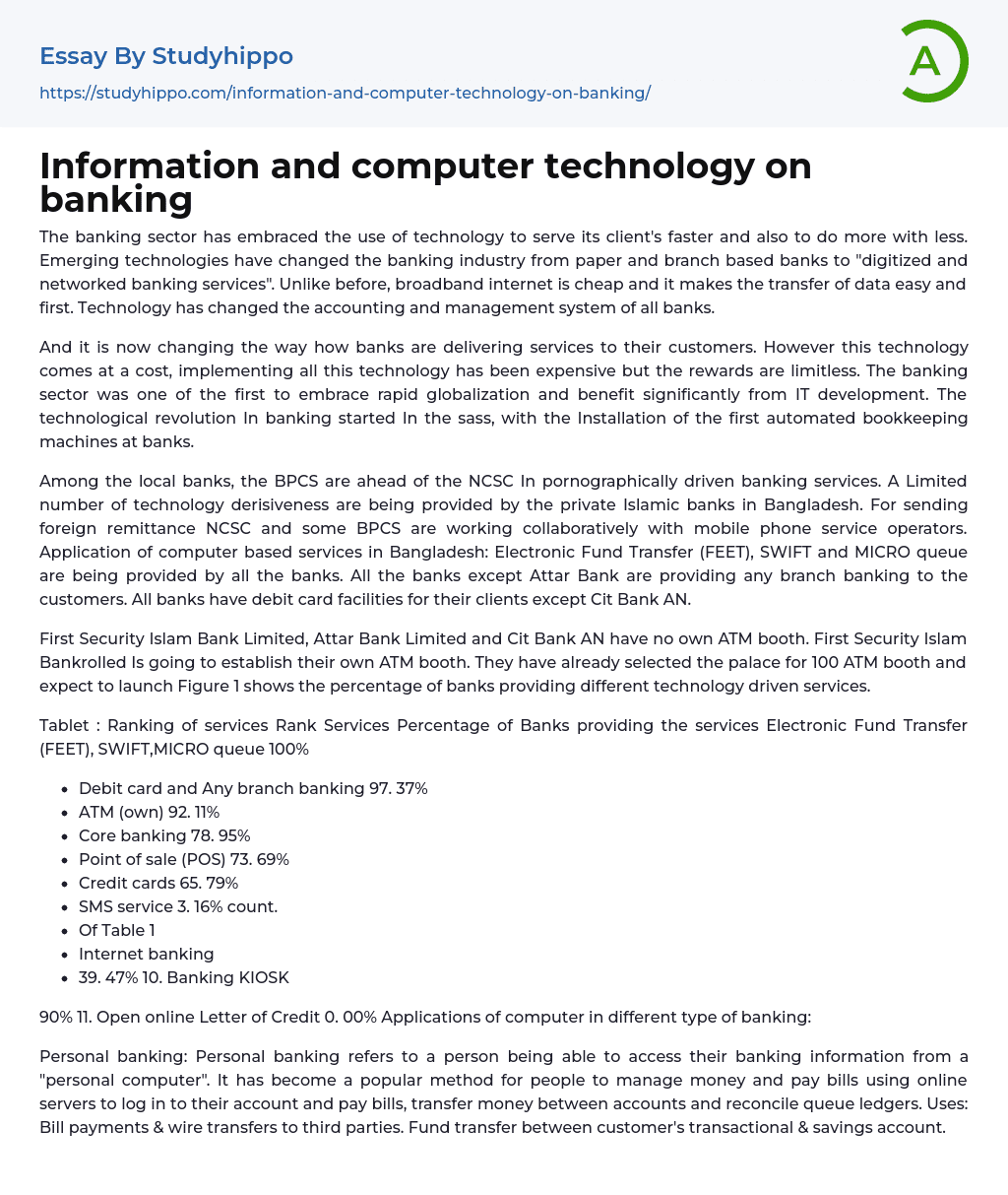 Information and computer technology on banking Essay Example