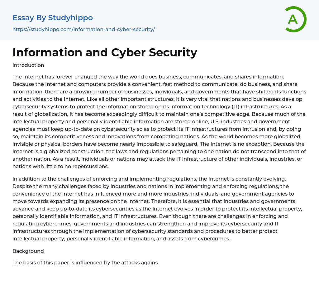 Information and Cyber Security Essay Example