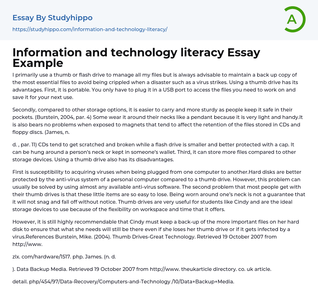 Information and technology literacy Essay Example
