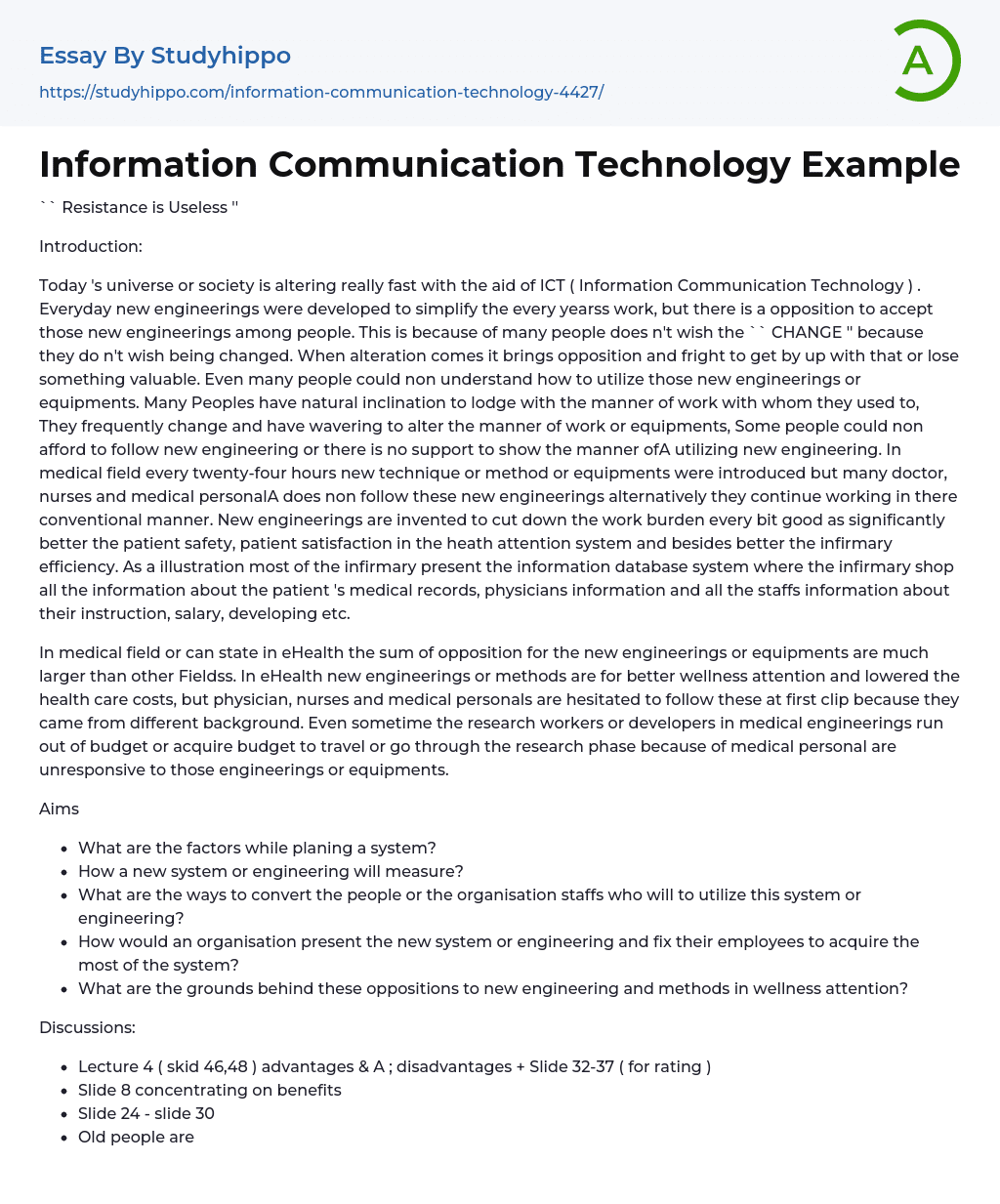 Information Communication Technology Example Essay Example