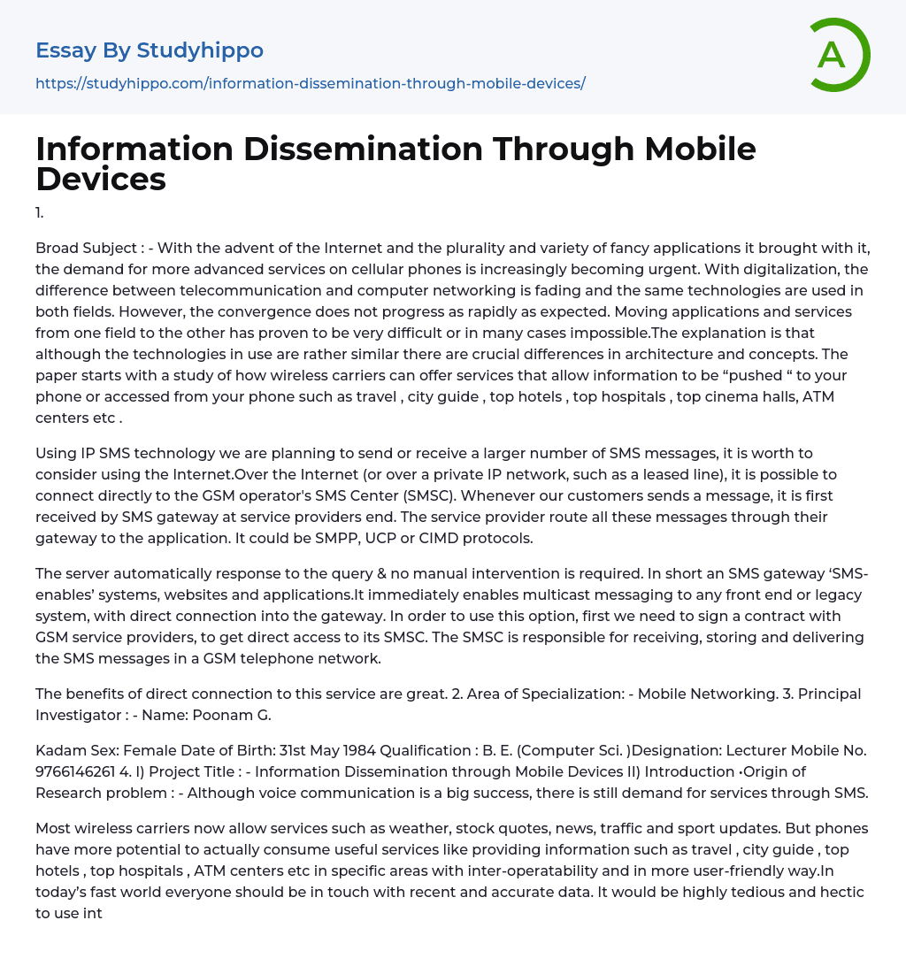 Information Dissemination Through Mobile Devices Essay Example