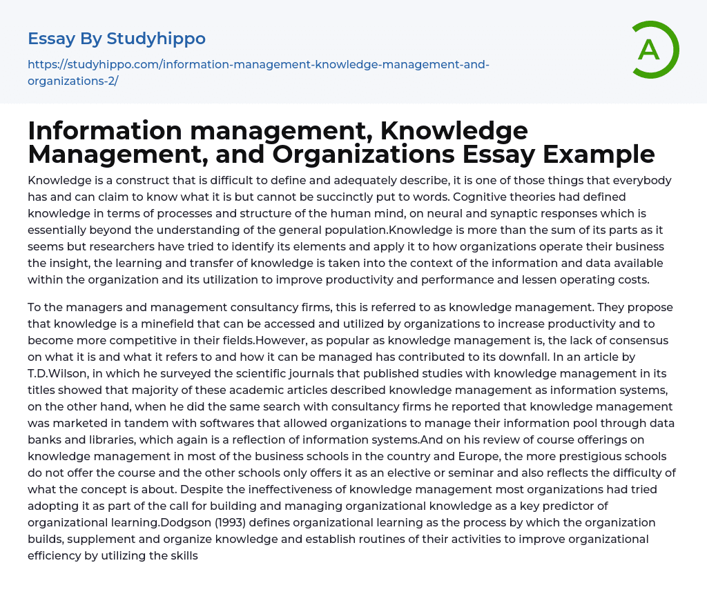 Information management, Knowledge Management, and Organizations Essay Example