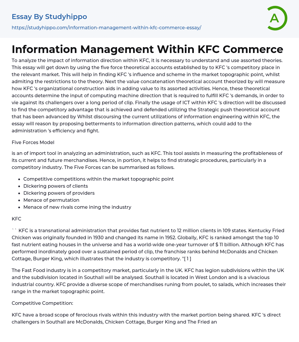 Information Management Within KFC Commerce Essay Example