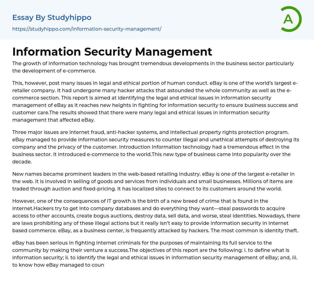 Information Security Management Essay Example