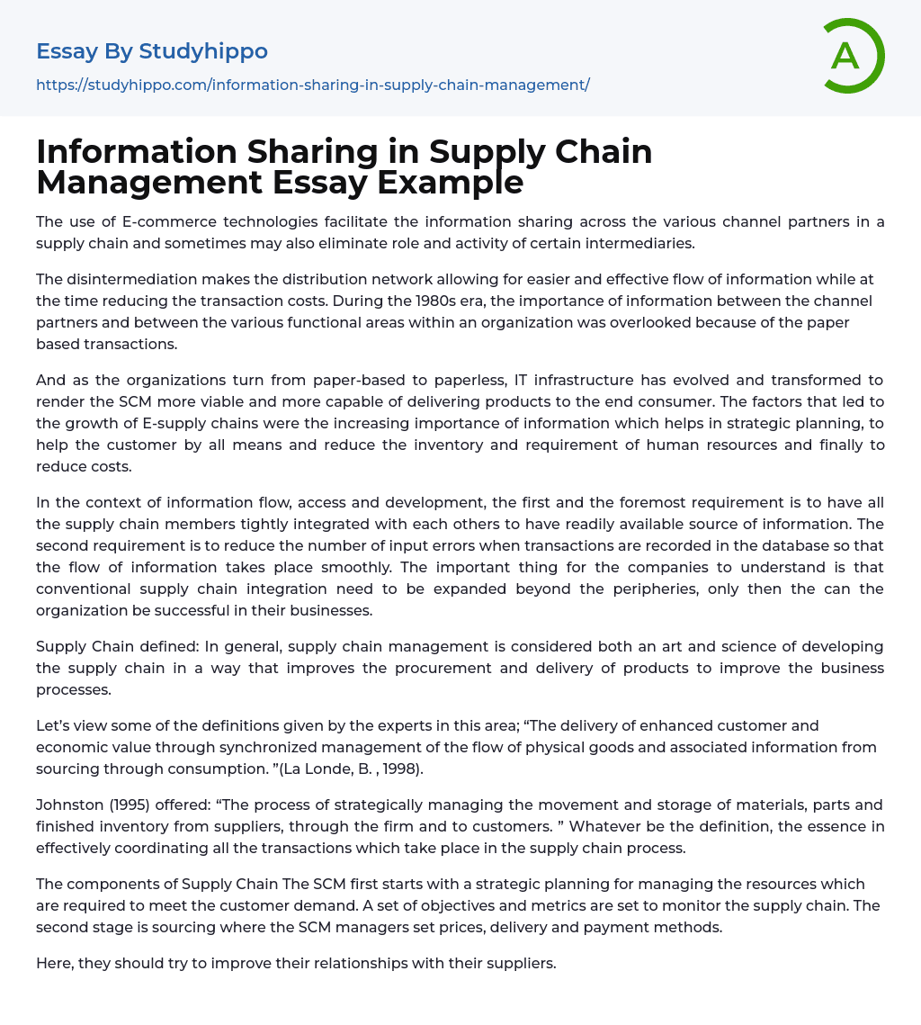 Information Sharing in Supply Chain Management Essay Example