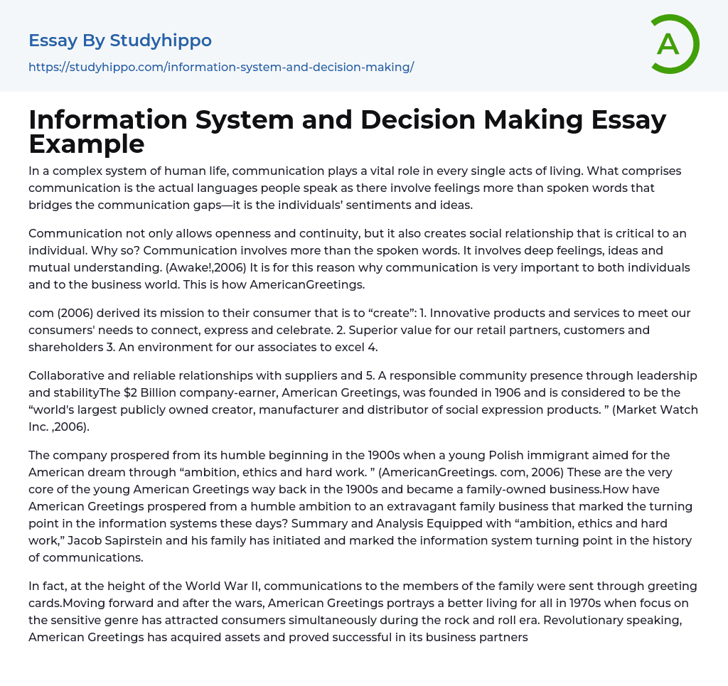 Information System and Decision Making Essay Example