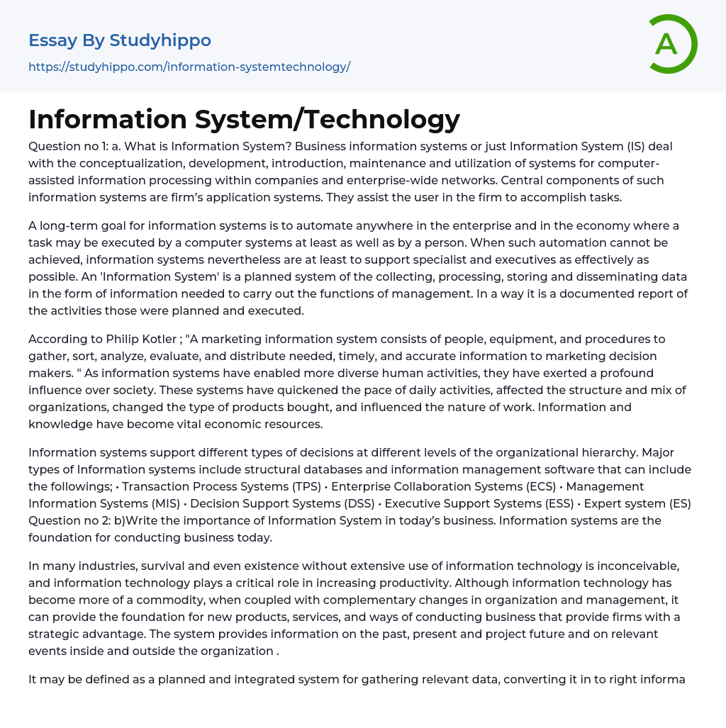 Information Technology: What is Information System? Essay Example