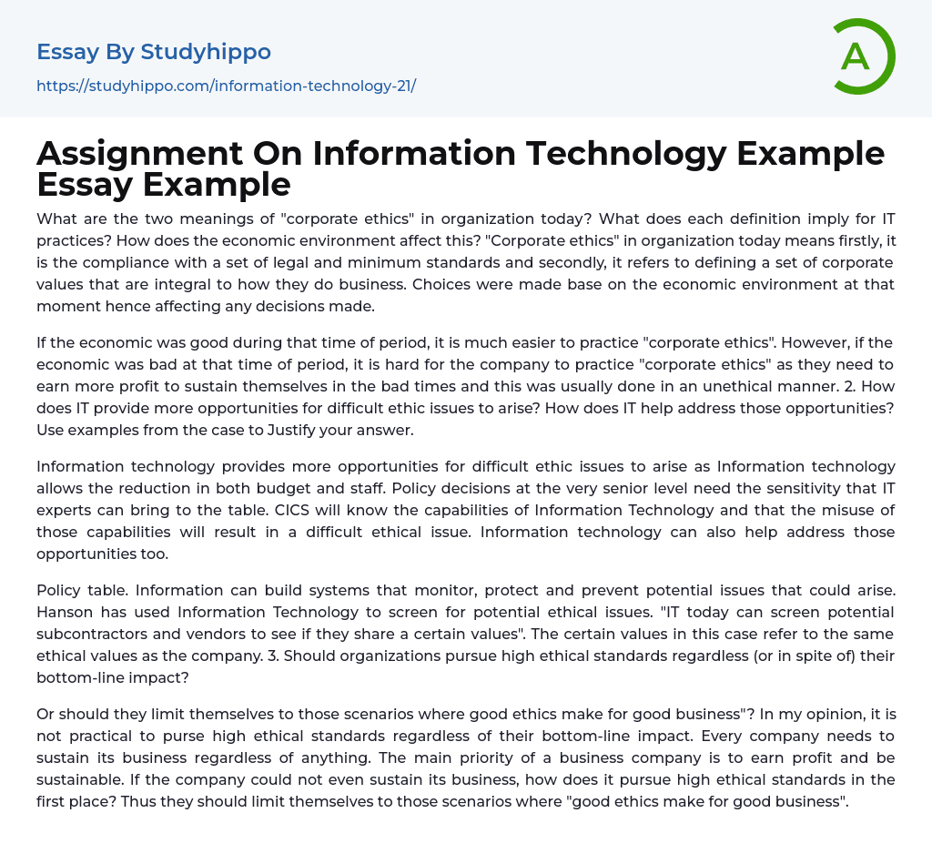 Assignment On Information Technology Example Essay Example