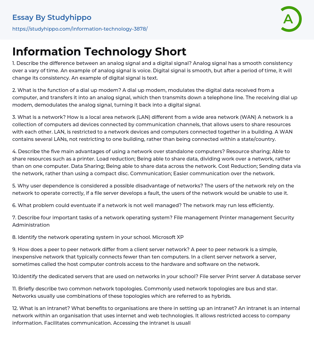 Information Technology Short Essay Example
