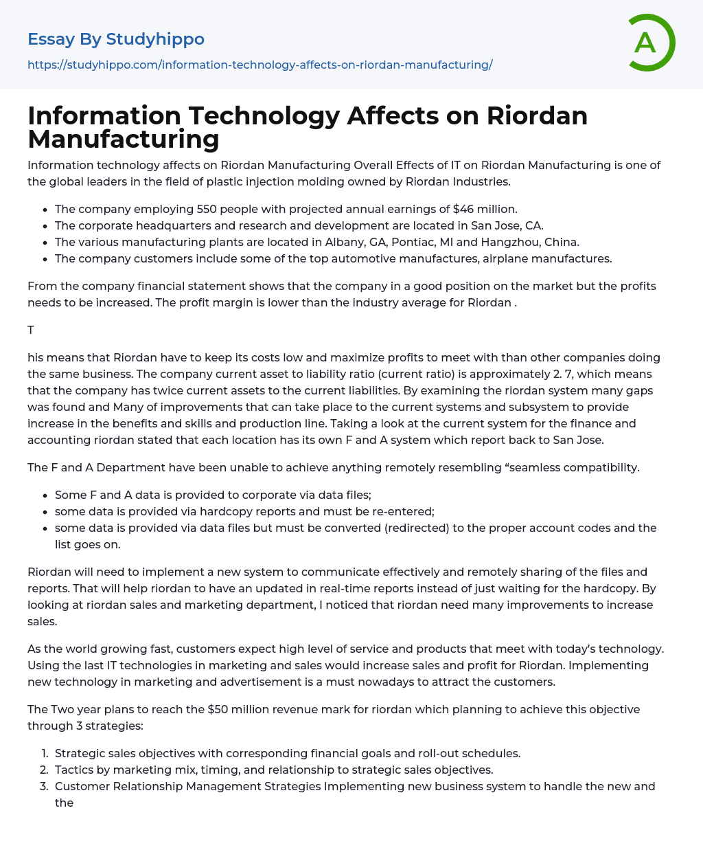 Information Technology Affects on Riordan Manufacturing Essay Example