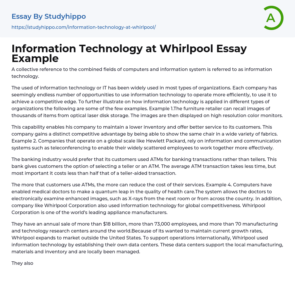 Information Technology at Whirlpool Essay Example