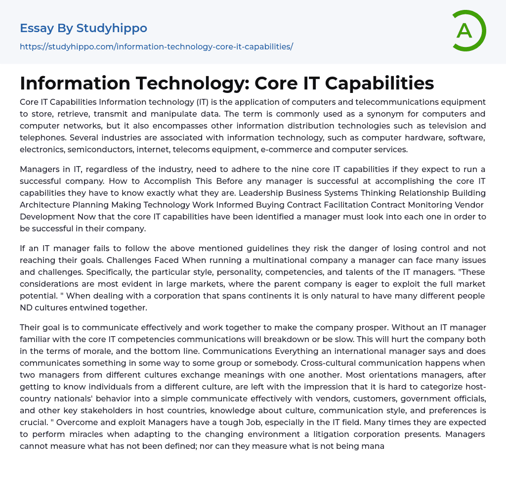 Information Technology: Core IT Capabilities Essay Example