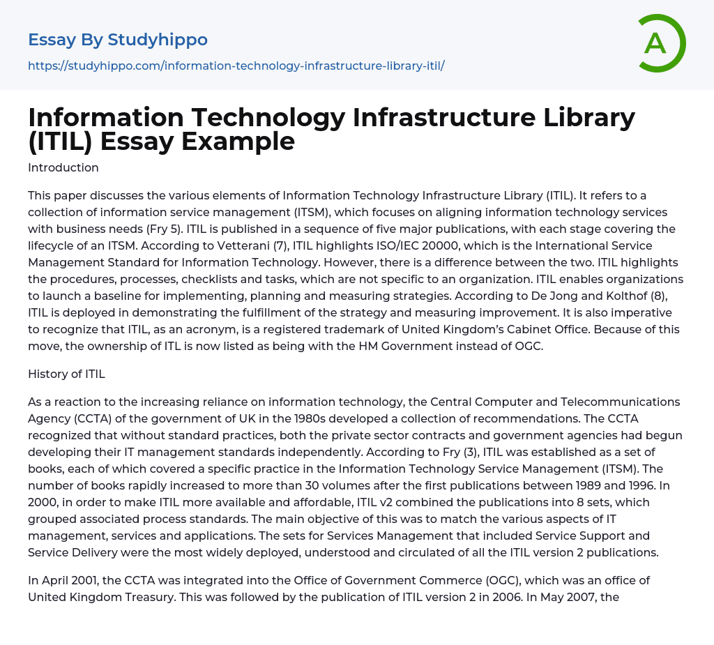 Information Technology Infrastructure Library (ITIL) Essay Example