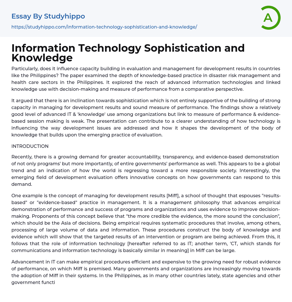 Information Technology Sophistication and Knowledge Essay Example