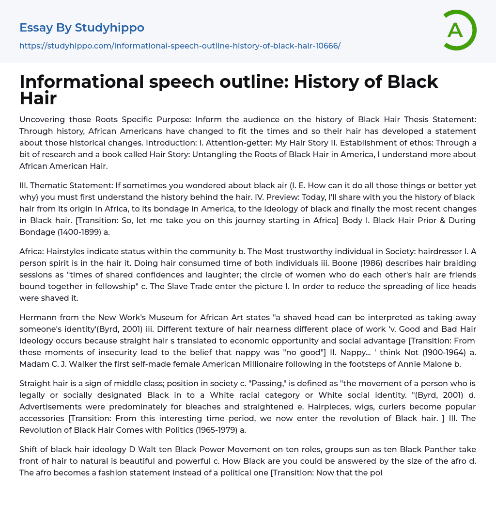 Informational speech outline: History of Black Hair Essay Example