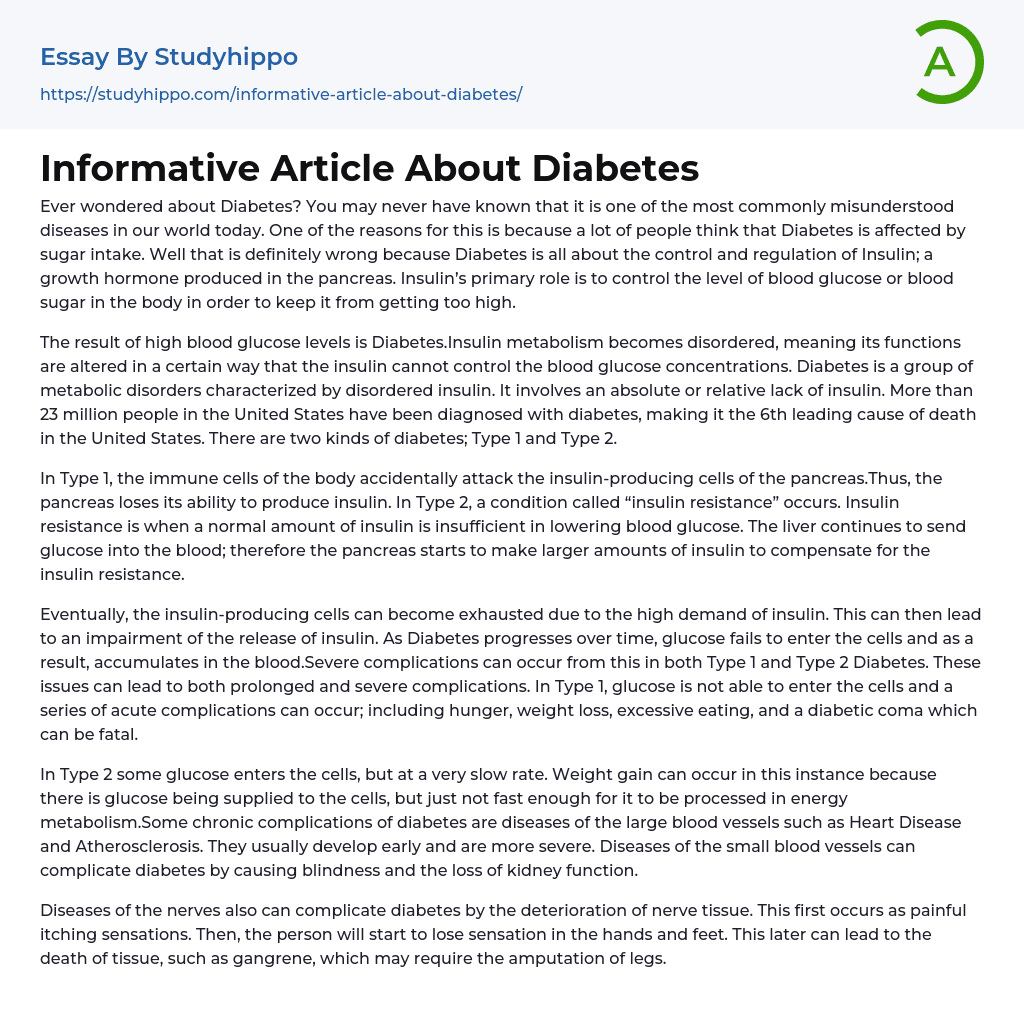 Informative Article About Diabetes Essay Example