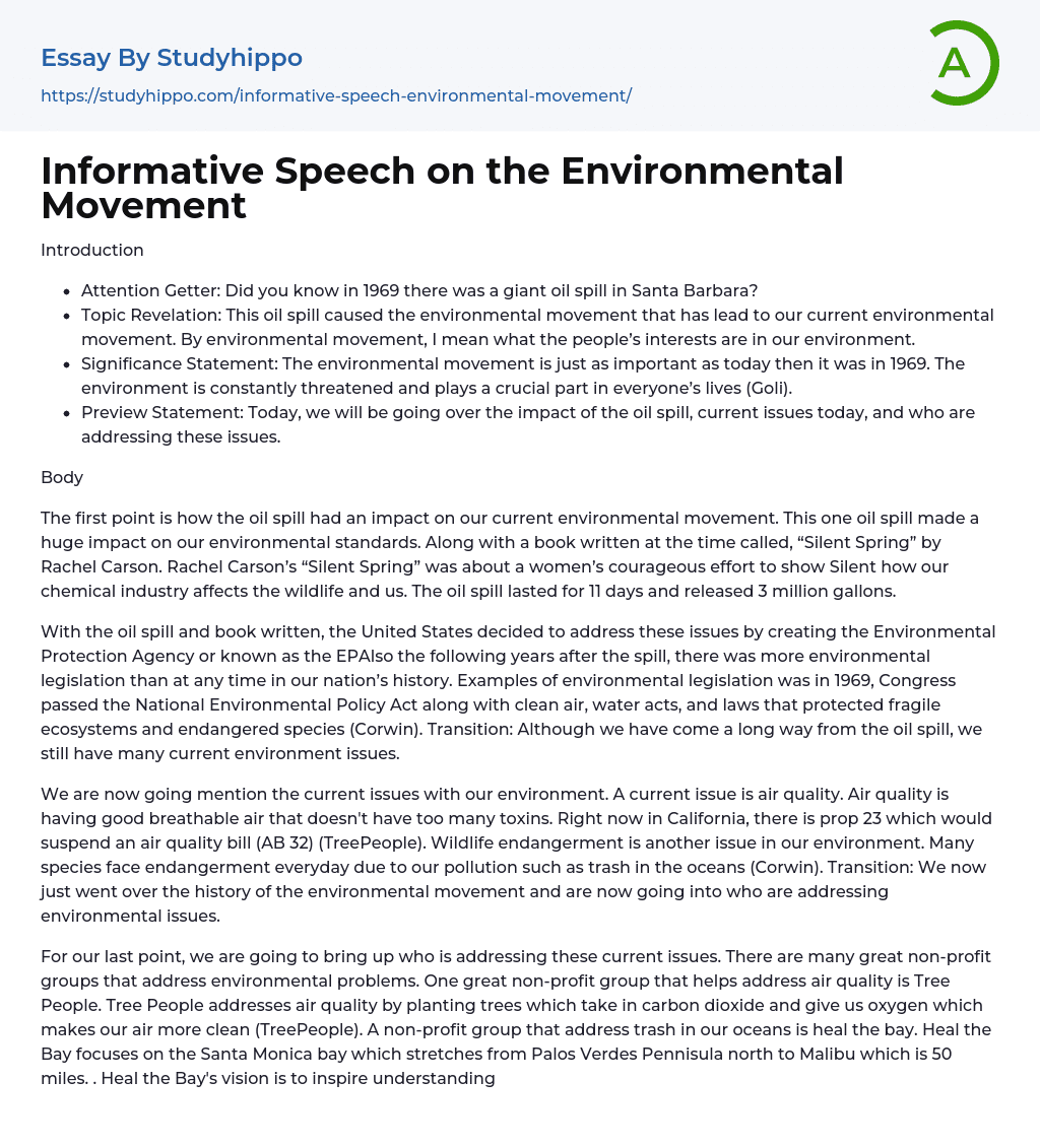 Informative Speech on the Environmental Movement Essay Example