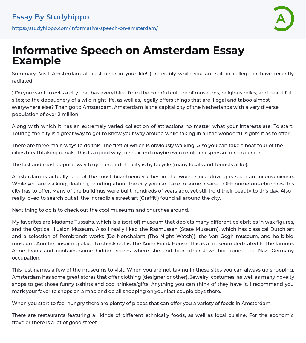 Informative Speech on Amsterdam Essay Example