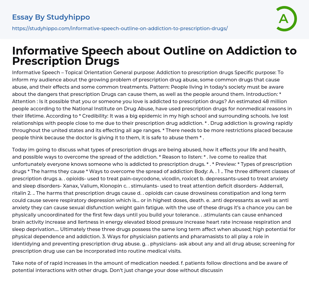 Informative Speech about Outline on Addiction to Prescription Drugs Essay Example