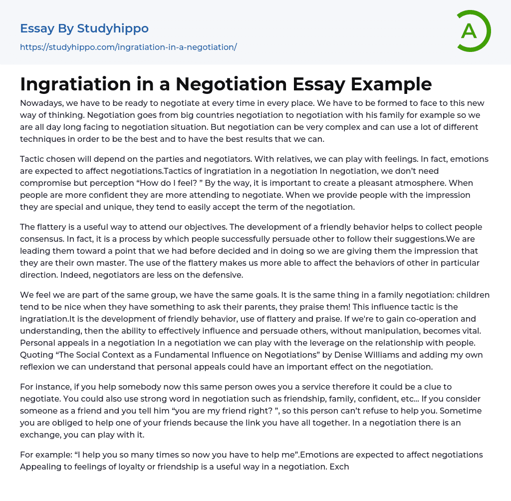 Ingratiation in a Negotiation Essay Example