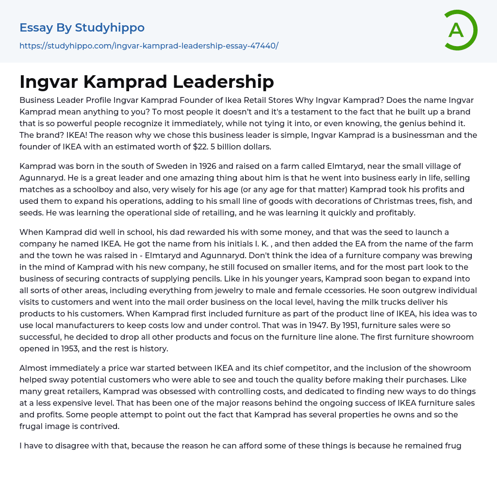 Ingvar Kamprad Leadership Essay Example