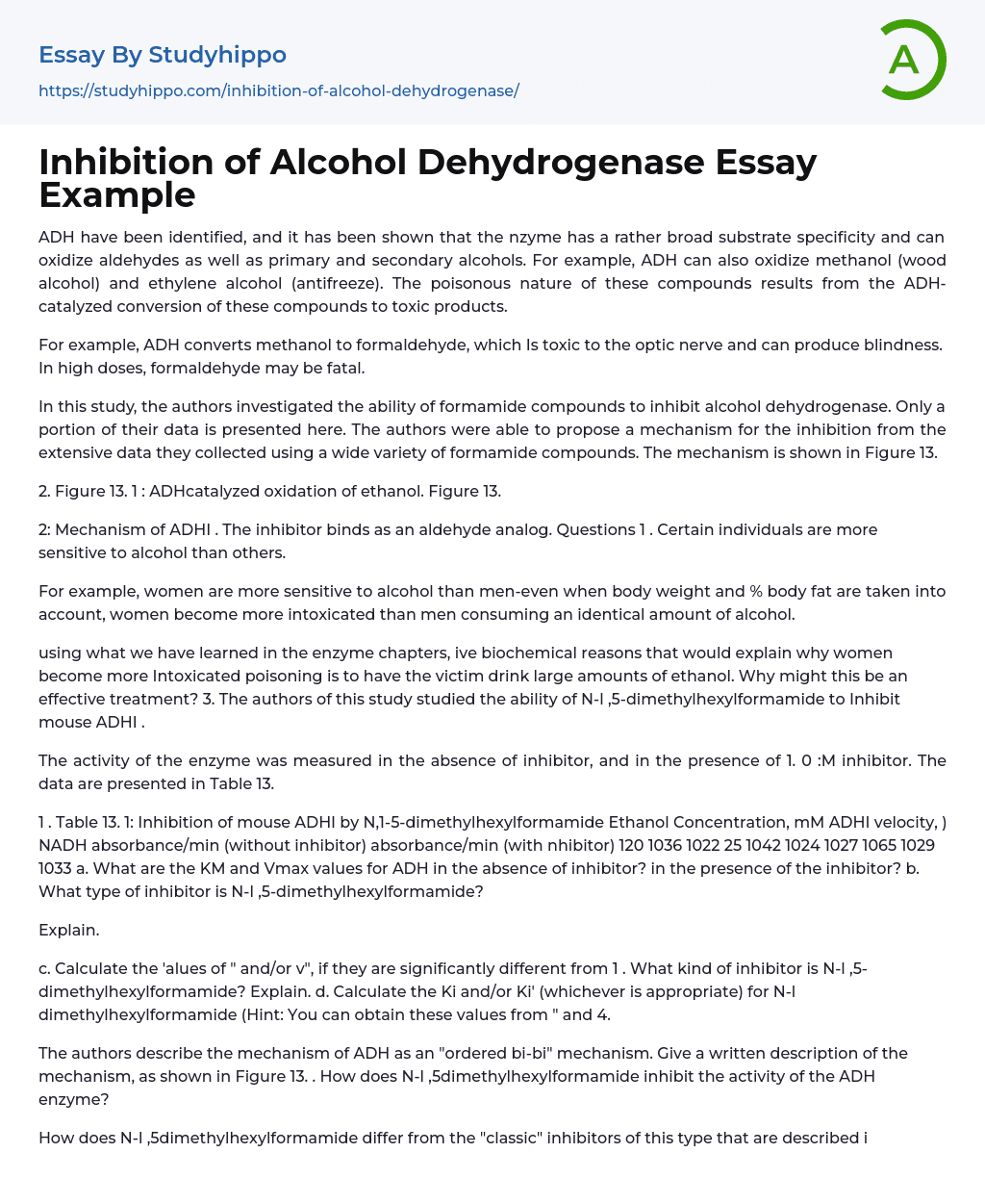 Inhibition of Alcohol Dehydrogenase Essay Example
