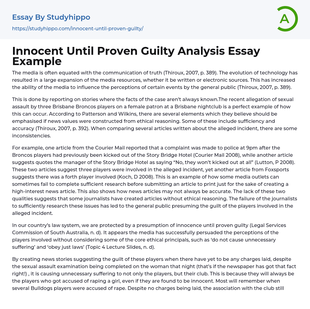 Innocent Until Proven Guilty Analysis Essay Example